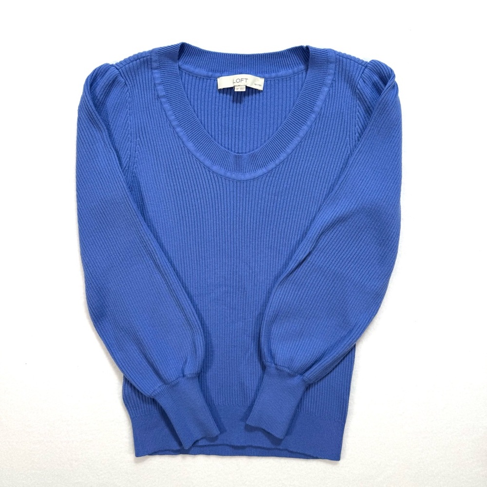 LOFT Womens Petite Ribbed Puff Sleeve Sweater Size Small S Petite Shirt Blue Top - Picture 2 of 6